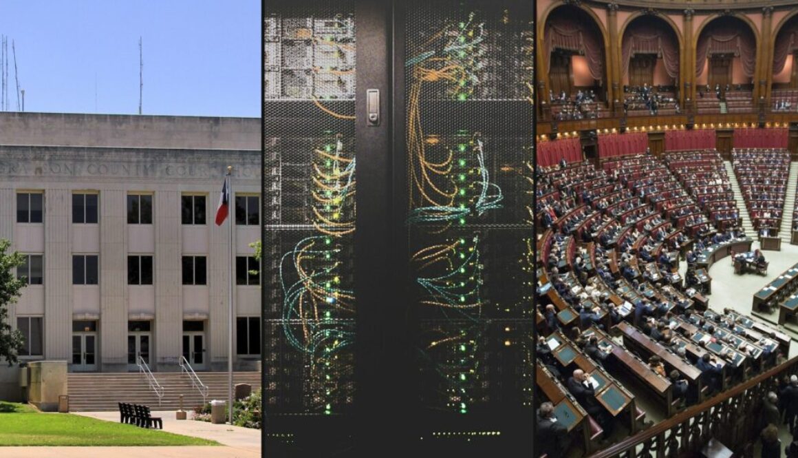 Collage on Sherman property taxes and data centers: Grayson County Courthouse, server hall, civic meeting