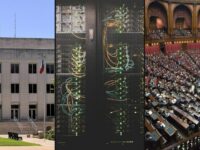 Collage on Sherman property taxes and data centers: Grayson County Courthouse, server hall, civic meeting