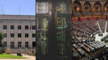 Collage on Sherman property taxes and data centers: Grayson County Courthouse, server hall, civic meeting