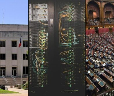 Collage on Sherman property taxes and data centers: Grayson County Courthouse, server hall, civic meeting