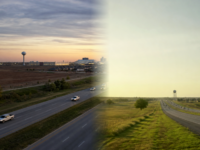 Side-by-side North Texas Texoma small-city streetscape feel—tree-lined streets and modest brick downtown under a wide Texas sky—editorial header comparing Sherman and Denison for families.