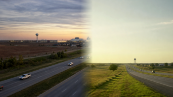 Side-by-side North Texas Texoma small-city streetscape feel—tree-lined streets and modest brick downtown under a wide Texas sky—editorial header comparing Sherman and Denison for families.
