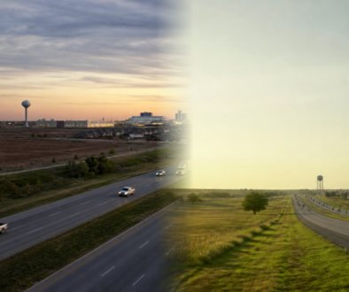 Side-by-side North Texas Texoma small-city streetscape feel—tree-lined streets and modest brick downtown under a wide Texas sky—editorial header comparing Sherman and Denison for families.