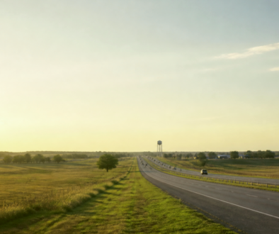 North Texas highway at golden hour through prairie near a water tower, documentary view of the Denison–Sherman growth corridor