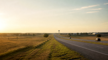 North Texas divided highway at late afternoon through rolling prairie near growing suburbs, with a distant water tower on the horizon