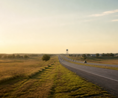 North Texas divided highway at late afternoon through rolling prairie near growing suburbs, with a distant water tower on the horizon
