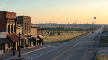 Gunter, Texas main street and highway corridor at sunrise, with distant construction on the horizon