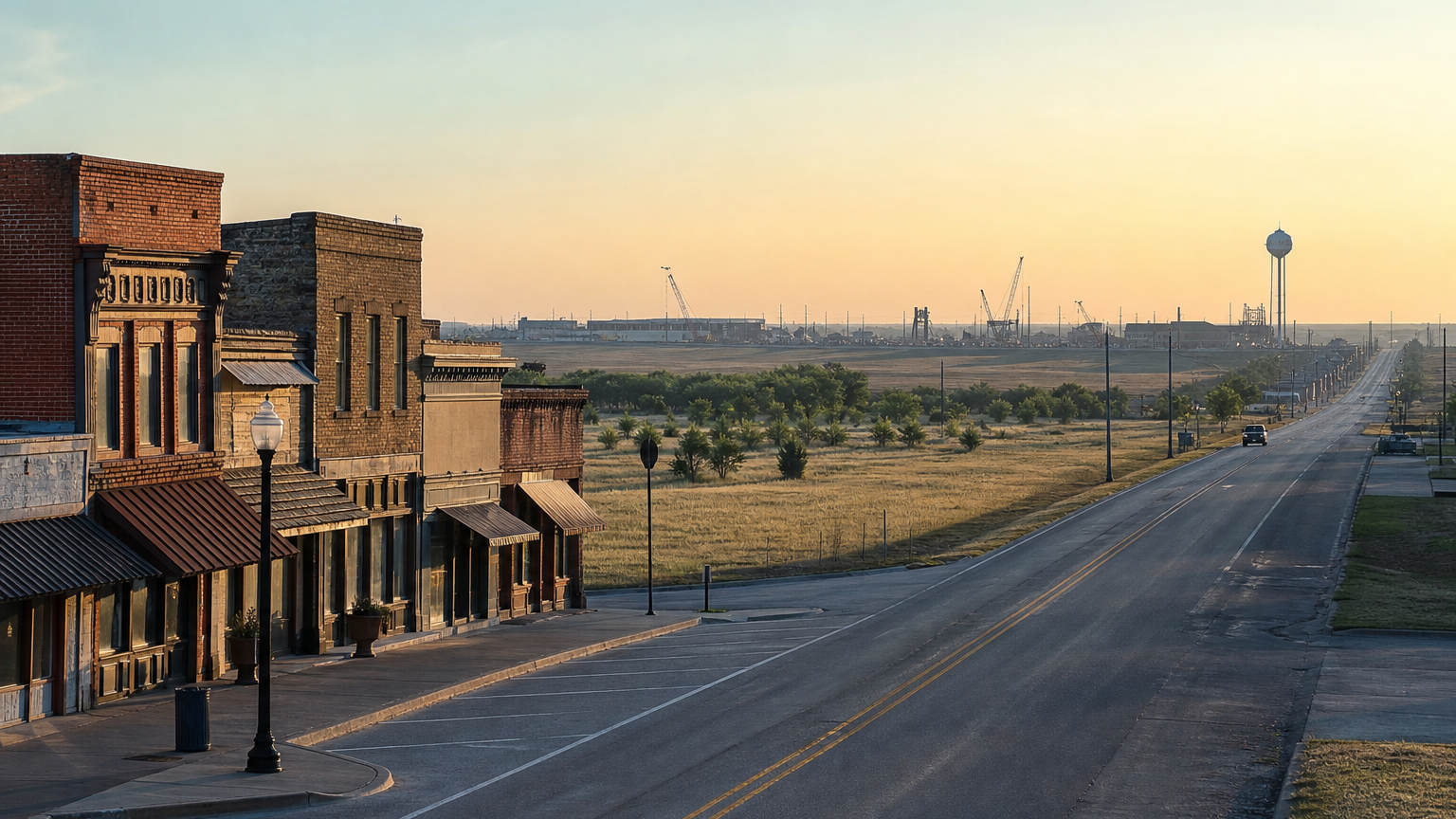 Gunter, Texas main street and highway corridor at sunrise, with distant construction on the horizon