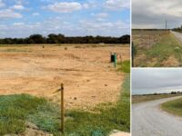 Collage of the Bryson Ranch site in Pilot Point TX: graded dirt with survey stakes, and rural Mobberly Road and Lights Ranch Road along the property