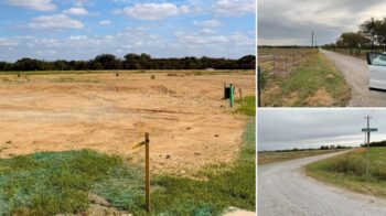 Collage of the Bryson Ranch site in Pilot Point TX: graded dirt with survey stakes, and rural Mobberly Road and Lights Ranch Road along the property