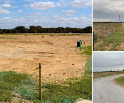 Collage of the Bryson Ranch site in Pilot Point TX: graded dirt with survey stakes, and rural Mobberly Road and Lights Ranch Road along the property