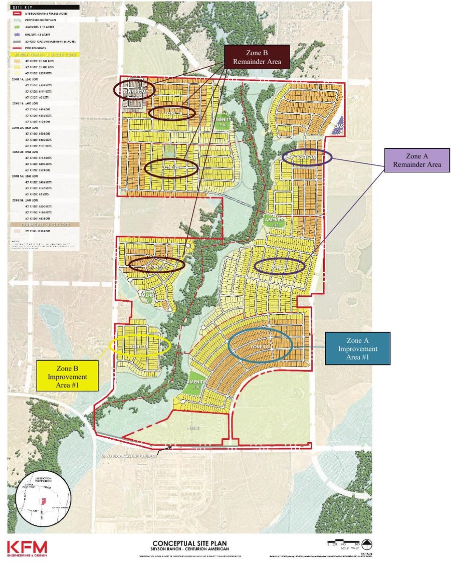 Bryson Ranch conceptual site plan by KFM Engineering for Centurion American marking Zone A and Zone B improvement areas, amenity sites, the EMS site and Mustang Creek floodplain in Pilot Point TX
