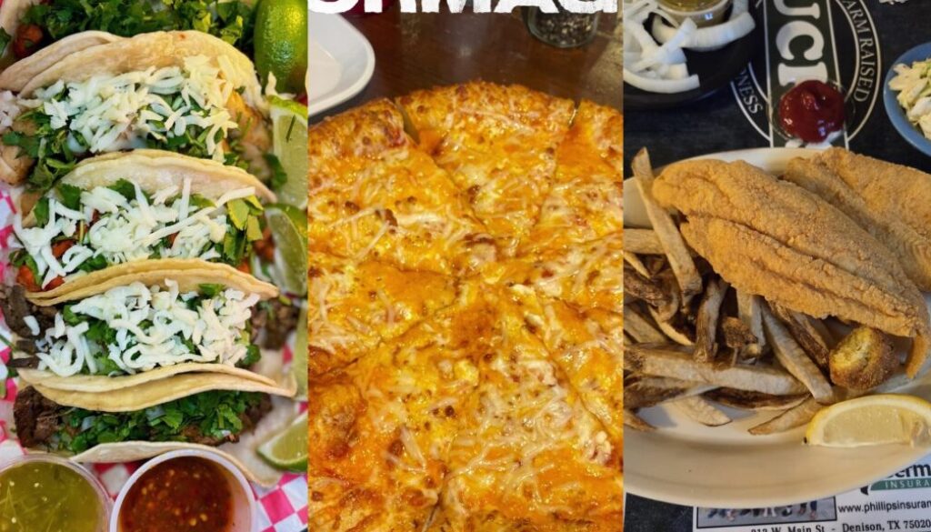 Corridor weekend eats collage: Marilina's Kitchen tacos in Gunter, Palio's pizza in Howe, and Huck's fried catfish in Denison