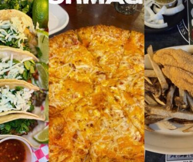 Corridor weekend eats collage: Marilina's Kitchen tacos in Gunter, Palio's pizza in Howe, and Huck's fried catfish in Denison