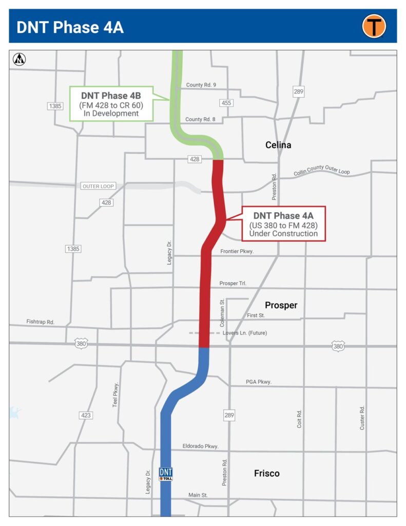 NTTA map of Dallas North Tollway Phase 4A from US 380 to FM 428 under construction and Phase 4B from FM 428 to CR 60 in development