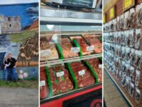 Don's Smokehouse in Howe, TX: Steve and Stacy Davis at the shop's Texas mural, the meat case, and the jerky wall