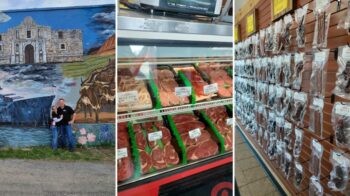 Don's Smokehouse in Howe, TX: Steve and Stacy Davis at the shop's Texas mural, the meat case, and the jerky wall