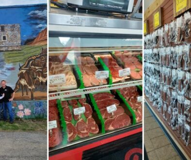 Don's Smokehouse in Howe, TX: Steve and Stacy Davis at the shop's Texas mural, the meat case, and the jerky wall