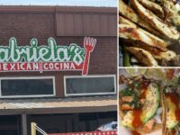 Gabriela's Mexican Cocina Howe storefront sign on Haning Street with sizzling fajitas and street tacos with avocado