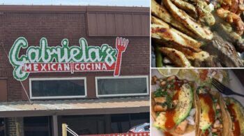 Gabriela's Mexican Cocina Howe storefront sign on Haning Street with sizzling fajitas and street tacos with avocado