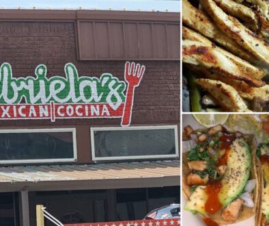 Gabriela's Mexican Cocina Howe storefront sign on Haning Street with sizzling fajitas and street tacos with avocado