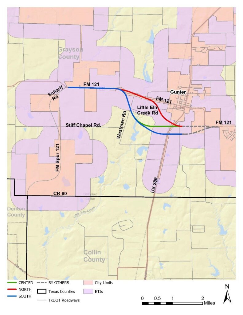 TxDOT map of three proposed Gunter Relief Route options linking FM 121 west of Gunter to SH 289 south of town