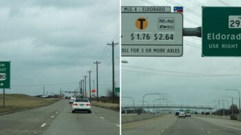 Collage of the Dallas North Tollway: the northbound road at its old US 380 end in 2018 and the toll gantry at Eldorado Parkway in Frisco