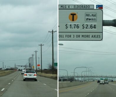 Collage of the Dallas North Tollway: the northbound road at its old US 380 end in 2018 and the toll gantry at Eldorado Parkway in Frisco
