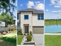Gunter TX new home communities collage: The Bridges at Preston Crossings entrance sign, a Trophy Signature Homes model home at Sunset Ranch, and a Sunset Ranch pond with trail