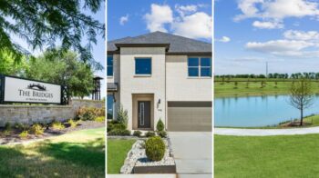 Gunter TX new home communities collage: The Bridges at Preston Crossings entrance sign, a Trophy Signature Homes model home at Sunset Ranch, and a Sunset Ranch pond with trail