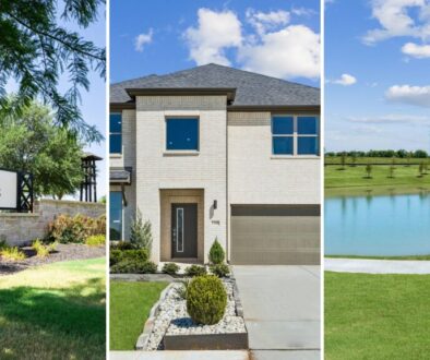 Gunter TX new home communities collage: The Bridges at Preston Crossings entrance sign, a Trophy Signature Homes model home at Sunset Ranch, and a Sunset Ranch pond with trail