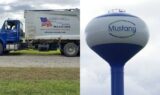 Collage of an Alford Services trash truck and a Mustang Special Utility District water tower, the trash and water providers for Gunter, TX