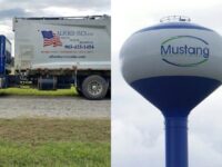 Collage of an Alford Services trash truck and a Mustang Special Utility District water tower, the trash and water providers for Gunter, TX