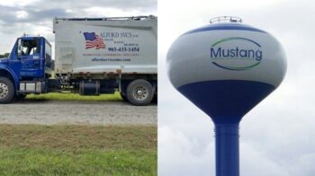 Collage of an Alford Services trash truck and a Mustang Special Utility District water tower, the trash and water providers for Gunter, TX