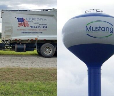 Collage of an Alford Services trash truck and a Mustang Special Utility District water tower, the trash and water providers for Gunter, TX