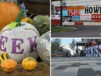 Halloween weekend Grayson County collage: an EEK painted pumpkin at Preston Trail Farms in Gunter, the Welcome to Howe mural, and the DENISON sign downtown