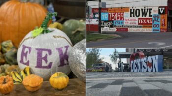 Halloween weekend Grayson County collage: an EEK painted pumpkin at Preston Trail Farms in Gunter, the Welcome to Howe mural, and the DENISON sign downtown