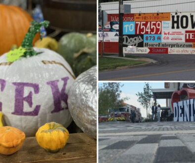 Halloween weekend Grayson County collage: an EEK painted pumpkin at Preston Trail Farms in Gunter, the Welcome to Howe mural, and the DENISON sign downtown