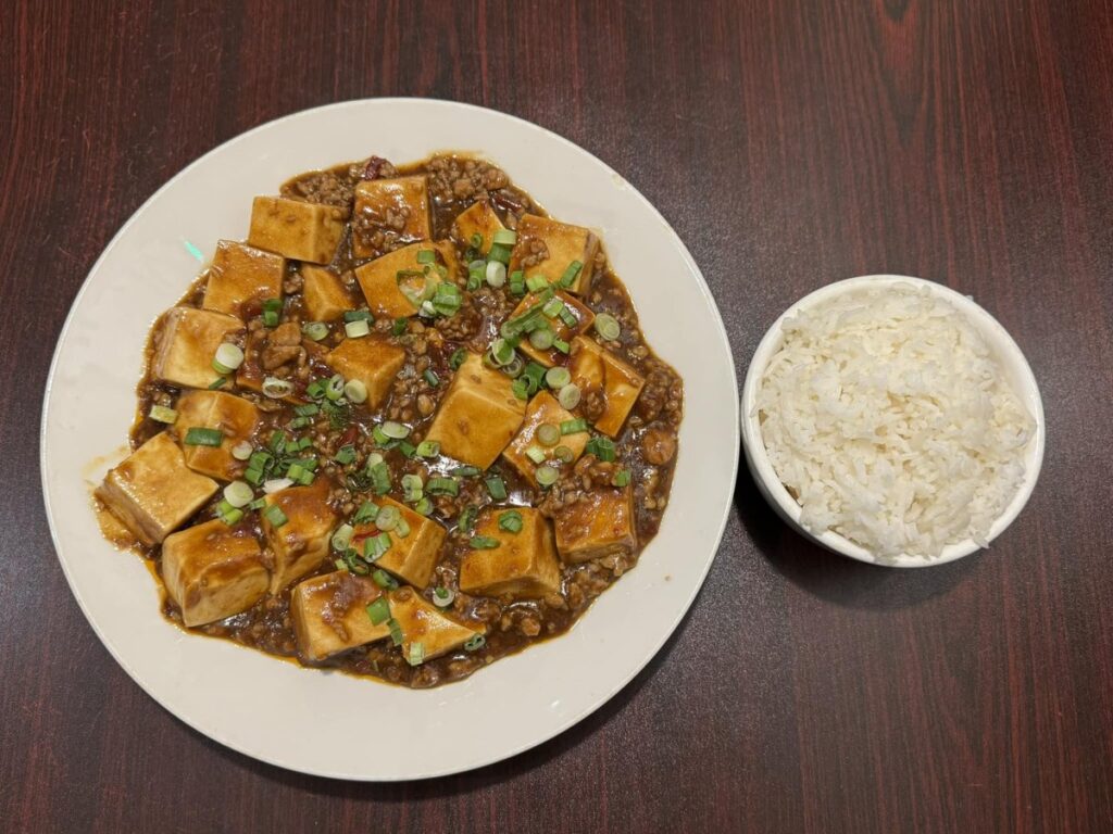 Mapo tofu with steamed rice at Hana's Cafe and Market in Howe
