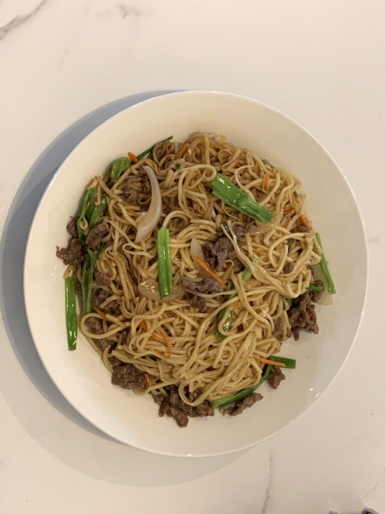 Pan-fried noodles with beef and green beans at Hana's Cafe and Market Howe