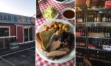 Hickory House Bar-B-Que Denison collage: red Bar-B-Que storefront, sliced brisket plate with fried okra and potato salad, and shelves of bottled sodas