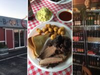 Hickory House Bar-B-Que Denison collage: red Bar-B-Que storefront, sliced brisket plate with fried okra and potato salad, and shelves of bottled sodas