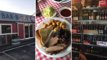 Hickory House Bar-B-Que Denison collage: red Bar-B-Que storefront, sliced brisket plate with fried okra and potato salad, and shelves of bottled sodas