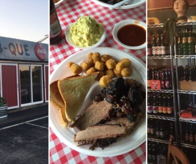 Hickory House Bar-B-Que Denison collage: red Bar-B-Que storefront, sliced brisket plate with fried okra and potato salad, and shelves of bottled sodas