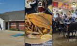 Huck's Catfish Denison collage: storefront on S Trail Dr, fried catfish dinner plate, and busy dining room