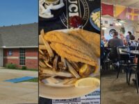 Huck's Catfish Denison collage: storefront on S Trail Dr, fried catfish dinner plate, and busy dining room