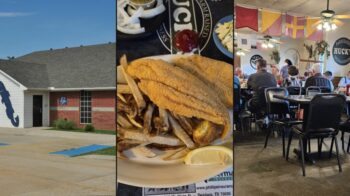 Huck's Catfish Denison collage: storefront on S Trail Dr, fried catfish dinner plate, and busy dining room