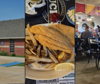 Huck's Catfish Denison collage: storefront on S Trail Dr, fried catfish dinner plate, and busy dining room