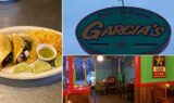 Kent's Tex-Mex Denison collage: a taco plate with rice and green salsa, the Kent's and Original Garcia's pole sign, and the colorful dining room