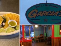 Kent's Tex-Mex Denison collage: a taco plate with rice and green salsa, the Kent's and Original Garcia's pole sign, and the colorful dining room